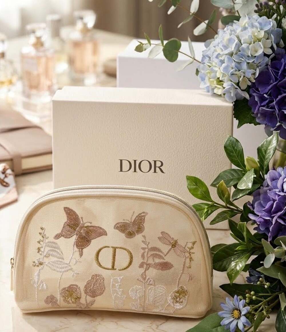 Dior Beauty Embroidered Butterfly Round Pouch Cream Pink Gold - GWP - NEW in Box